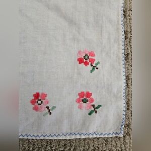 White Linen Napkin Or Handkerchief with Pink Floral Embroidery